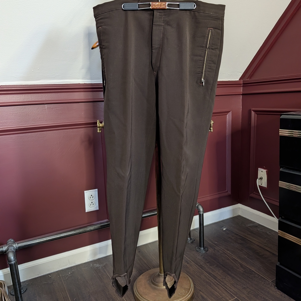 GERMAN VINTAGE Brown Wool Ski Pants Stretch Zip Pckets Foot Holds 36"